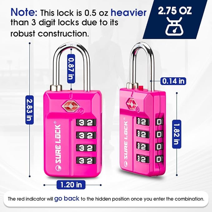 SURE LOCK TSA Approved 4-Digit Resettable Combination Luggage Locks with Open Alert, Easy-Read Dials - for Luggage, School Lockers, Gym, Office, Toolbox & Security Cases (Pink 2 Pack)