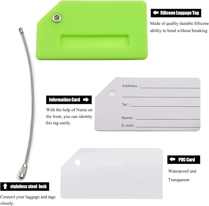 7 Pack Silicone Luggage Tag Baggage Handbag Travel Bag Tags with Name ID Card Perfect to Quickly Spot Luggage Suitcases (Green)