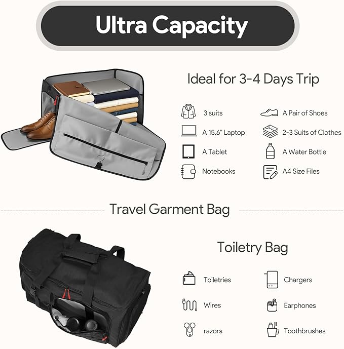 Garment Duffle Bags for Travel, HOMQUIET Convertible Garment Duffel Bag, All YKK Zippers Carry On Garment Bags, 2 in 1 Hanging Waterproof Suit Travel Bag with Shoe Compartment, for Men Women, Black