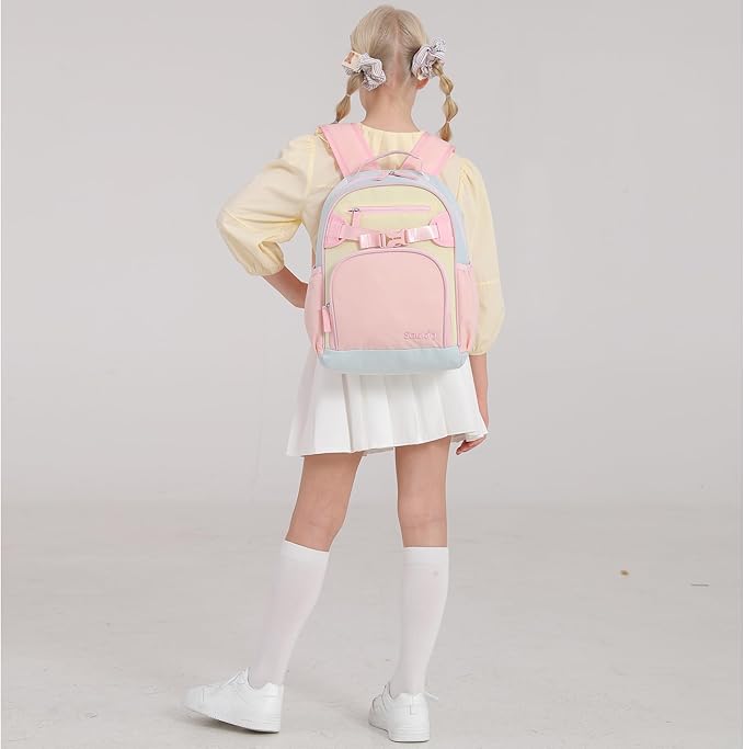 Lightweight Cute Kids Backpack for School Kindergarten Elementary Backpacks for Gilrs ages 6-8-10 (Pink Cream Celeste)