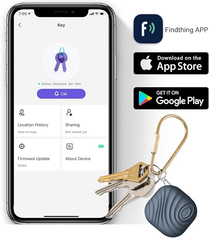 Findhting Key Finder Tag - Bluetooth Tracker Item Locator with Key Chain - Both iOS and Android Compatible for Keys Pet Wallets or Backpacks and Tablets (Blue)