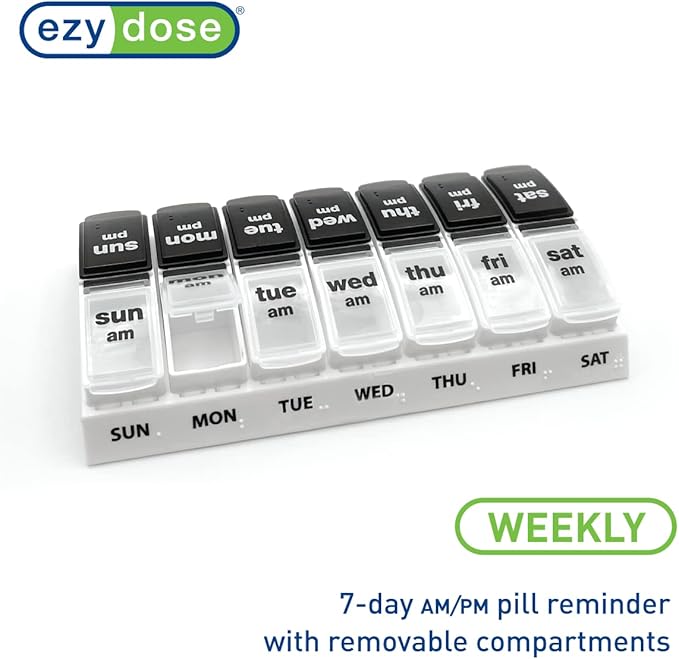 EZY DOSE Weekly (7-Day) Daily AM/PM Pill Case, Medicine Planner, Vitamin Organizer, Supplement Container, Large Pop-Out Compartments, Designed for Travel 2 Times a Day, Black and White Lids