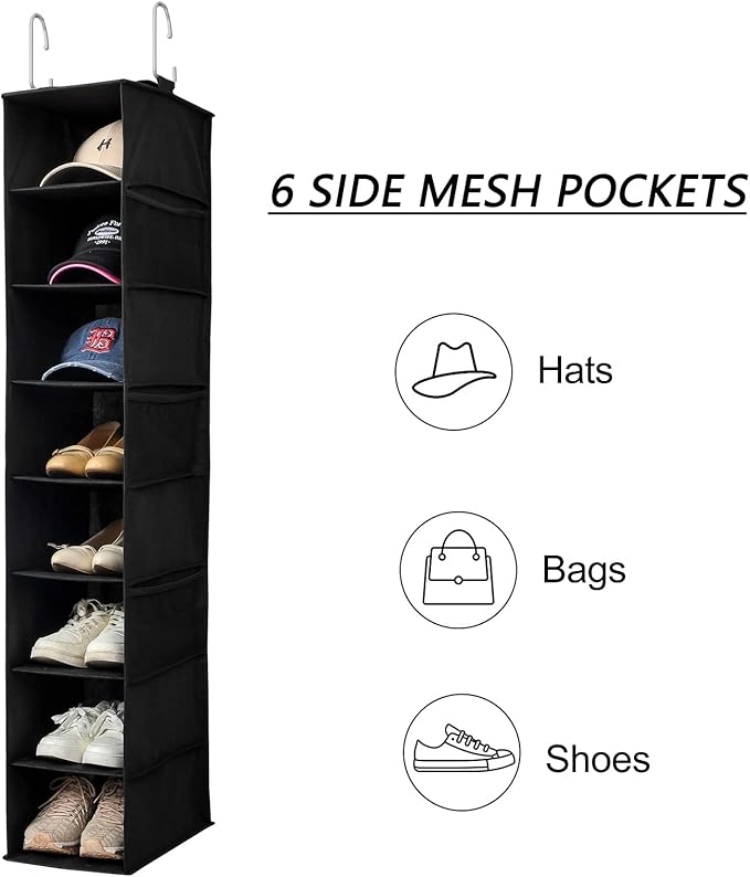 Hanging Shoe Organizer for Closet with Side Mesh Pockets，Hat Racks for Baseball Caps，Shoe and Hat Holder & Storage，8-Shelf，Black，2 Pack