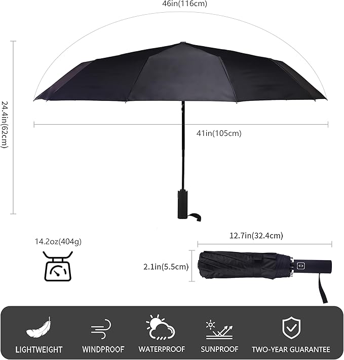 Double 10-Rib 46 Inch Compact Travel Umbrella for Rain - Sturdy Portable Windproof Umbrella - Small Automatic Folding Umbrella