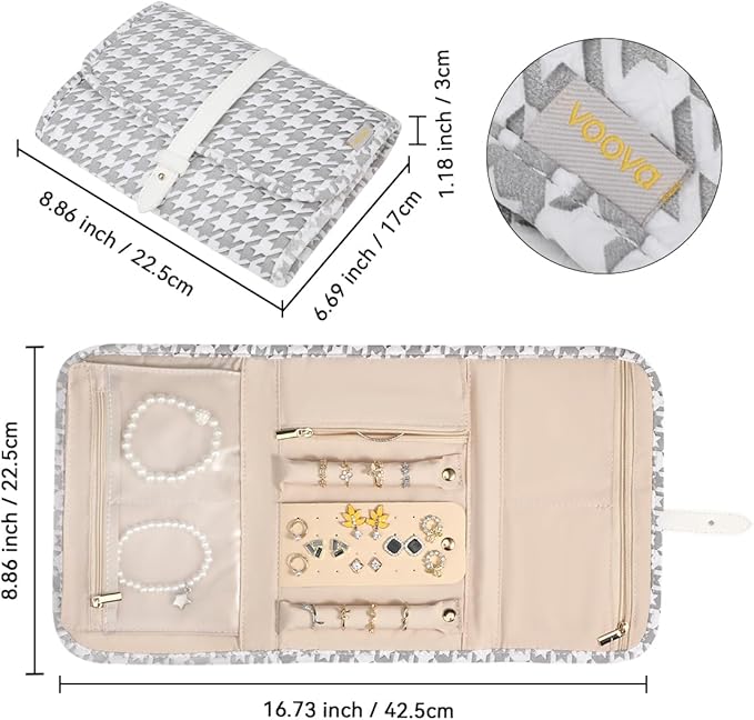 Voova Travel Jewelry Holder Organizer Case, Large Jewelry Storage Bag for Women Girls, Foldable Traveling Jewellery Pouch Roll for Necklaces Rings Earrings Bracelets, Grey+White