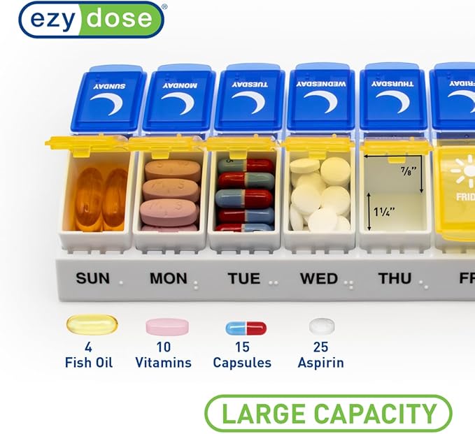 EZY DOSE Weekly (7-Day) AM/PM Pill Organizer, Daily Vitamin Container and Medicine Box, Large Pop-Out Compartments, Designed for Travel, 2 Times a Day, Blue and Yellow Lids