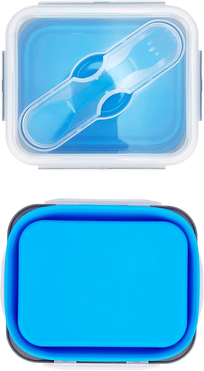 Small Silicone Collapsible Snacks Container with lid and 2 in 1 Spoon & Fork, Food Grade Silicone Bento Lunch Container, For Leftovers Meal Prep, Microwave/Freezer/Dishwasher Safe, 700ml