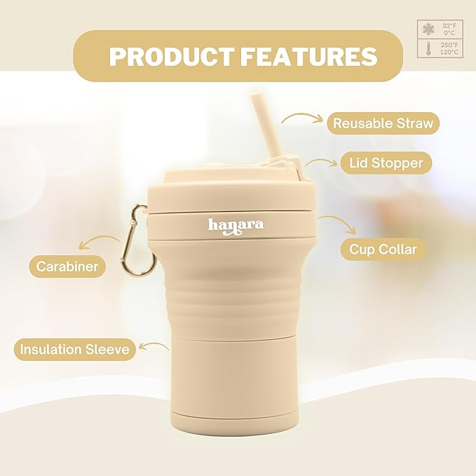 Collapsible Cup with Reusable Straw – 18 Oz (550 Ml), Portable Travel Mug, BPA-Free, Leak-Proof, Microwave & Dishwasher Safe, Multi-Purpose for Hot & Cold Drinks – Beige