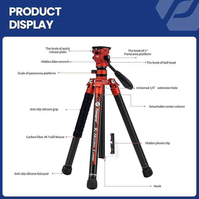 Fotopro 62 Inch Carbon Fiber Tripod 2.3lbs Ultralight Portable Travel Video Tripod for Camera DSLR Lightweight Load up to 22lbs X-Aircross 3 Video Orange