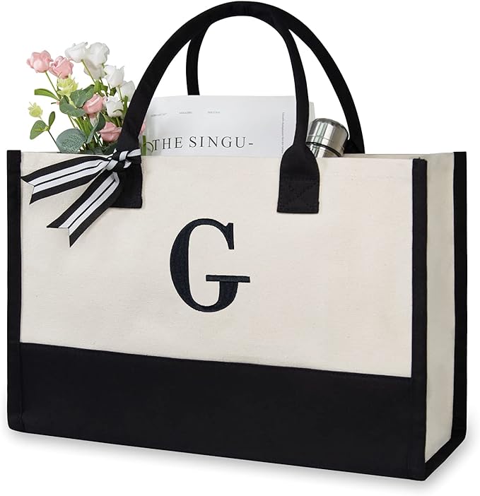 TOPDesign Embroidery Initial Canvas Tote Bag, Personalized Present Bag, Suitable for Wedding, Birthday, Beach, Holiday, is a Great Gift for Women, Mom, Teachers, Friends, Bridesmaids (Letter G)