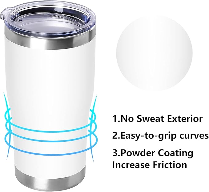 DOMICARE 20oz Tumbler with Lid Stainless Steel Tumblers Bulk, Double Wall Vacuum Insulated Coffee Travel Mug Powder Coated Tumbler, White