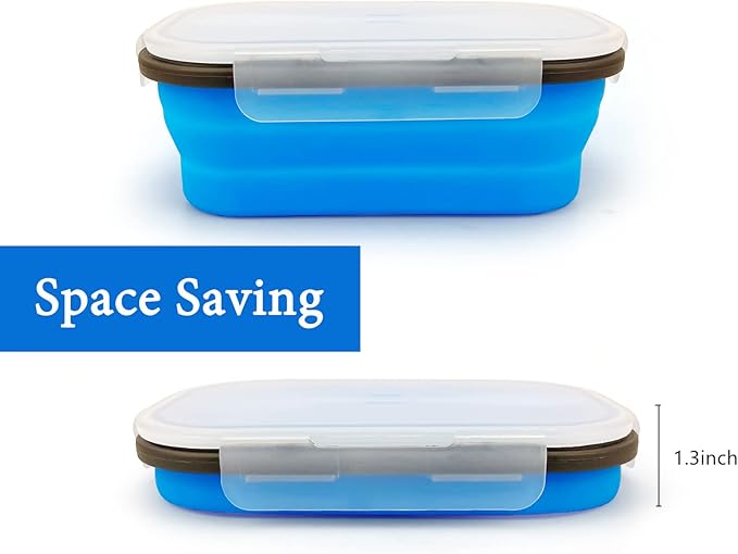 Collapsible Lunch Box Containers, Silicone Bento Box with Airtight Lid and 2 in1 Spoon & Fork, 1000ml Large Portion Reusable Silicone Food Storage Container, Microwave Dishwasher Safe