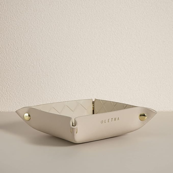 OLETHA Small Foldable Valet Tray - Aesthetic Desk Organizer for Home, Office & Travel - Portable Catch All Bowl for Keys, Jewelry & Essentials - Woven Textured, Beige