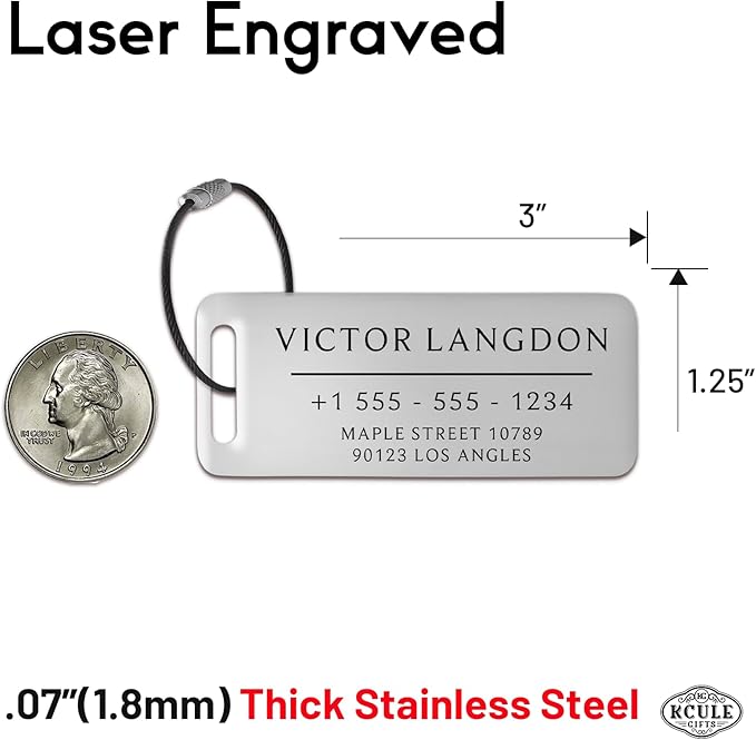 Personalized Luggage Tags for Suitcases - Stainless Steel Custom Luggage Tags for Backpacks & Bags, Sturdy, Waterproof & Heavy Duty (Silver / 3" x 1.25")