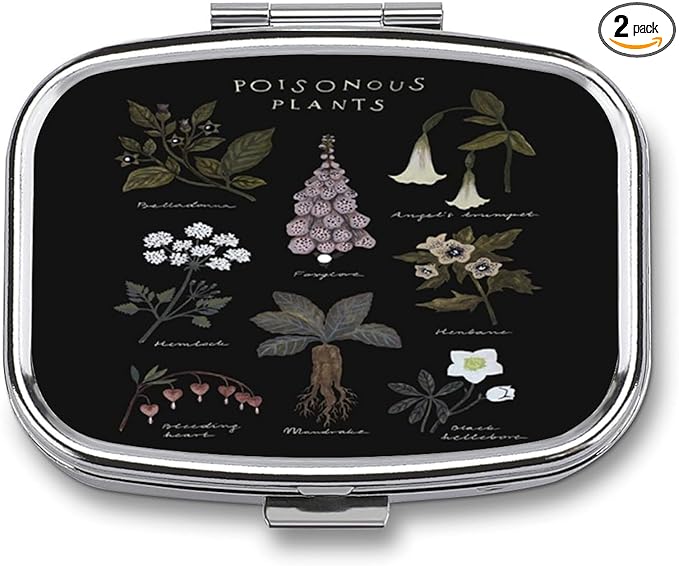 Metal 2 Compartment Pill Organizer Travel Friendly Portable Compact Pill Box Cute Pill Case to Hold Vitamins,Fish Oil,Supplements,Meds,Tablet for Purse,Pocket. (Poisonous Plants)