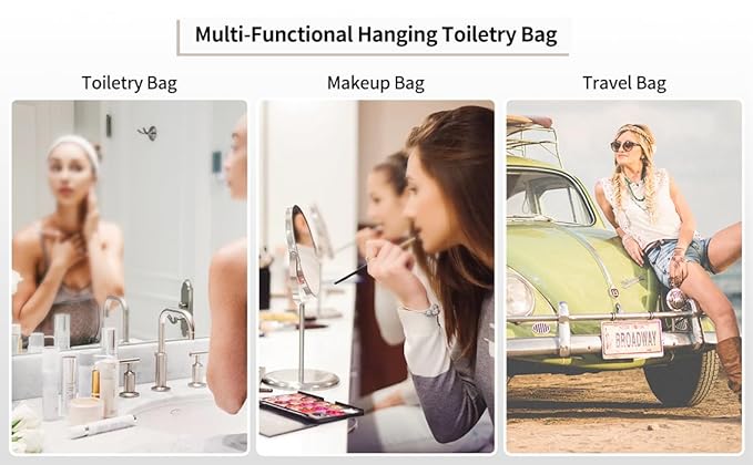 CUBETASTIC Hanging Travel Toiletry Bag, Portable Makeup Organizer for Women Men, 3 Compartment Cute Cosmetic Case Water-resistant Small Travel Bag for Toiletries, Black