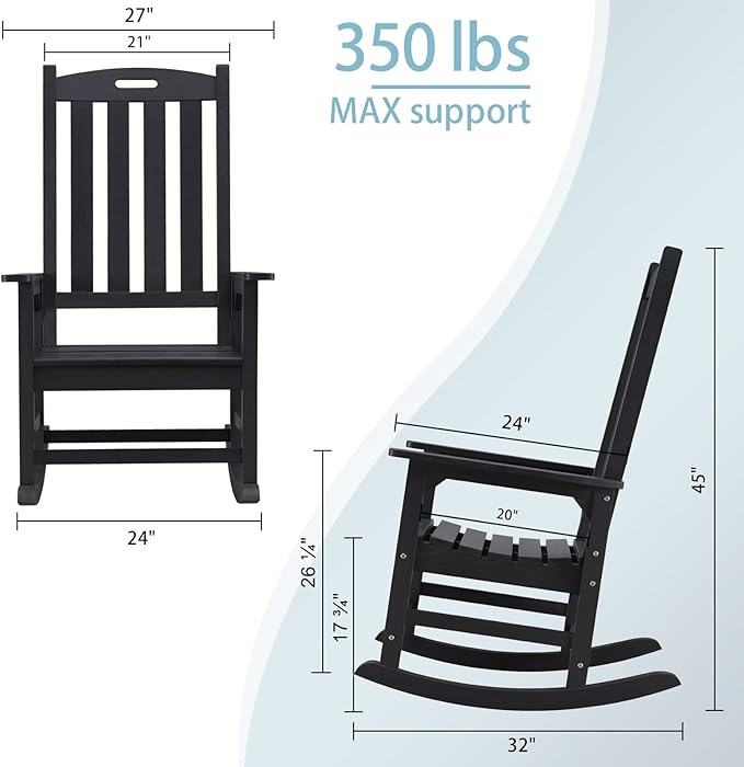 Psilvam Oversized Outdoor Rocking Chair, with 21" Wide Seat and 32" Tall Backrest, Pre-Assembled with Most Components for Effortless Installation (Carbon Black)