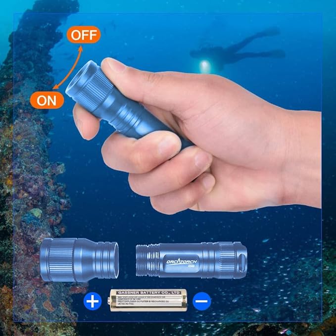 ORCATORCH D560 Mini Scuba Dive Light Headlamp 650 Lumen Mask Diving Flashlight with 360° Rotatable Mask Clip, Underwater 150m Backup Headlight with Rotary Switch (Not Included Snorkel Mask) (Blue)