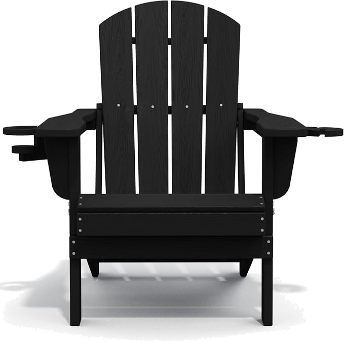 SERWALL HDPE Folding Adirondack Chair with Dual Cup Holder - Composite Adirondack Chair Set of 8- Black
