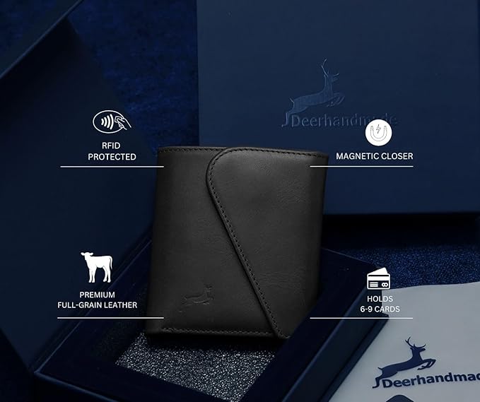 Leather RFID Wallet for Men, Slim Leather Mens Wallet, Handcraft Men's Wallets, Card Cases & Money Organizers, Magnetic Closure Sleek RFID Blocking Thin Mens Wallets with 9-12 Card Slots & Gift Box