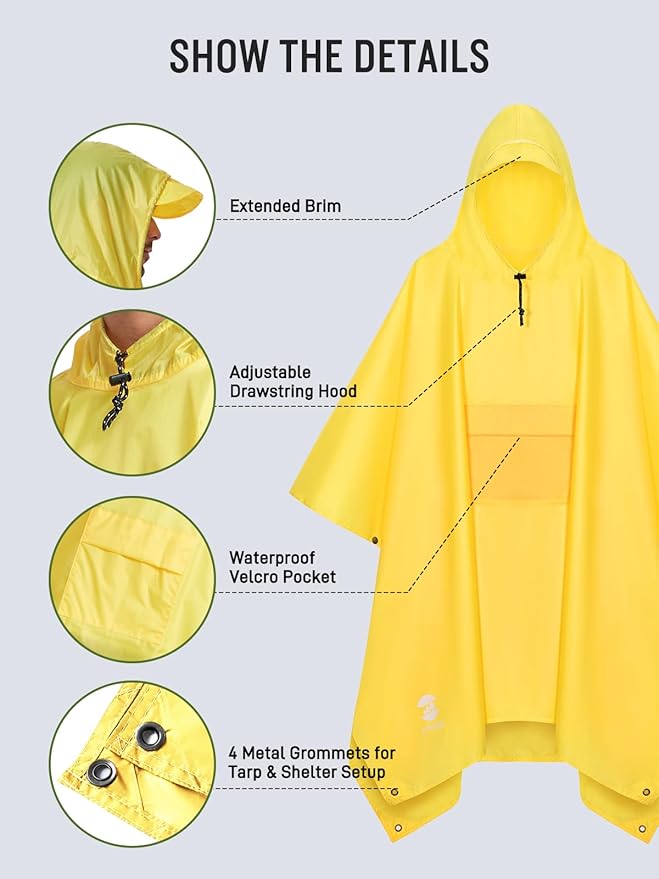 SaphiRose Extra Thick Hooded Rain Poncho Double Layer Waterproof Raincoat Jacket for Men Women Adults