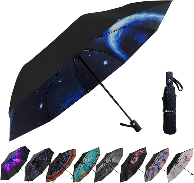LLanxiry Compact Travel Umbrella, Mini Windproof Umbrellas for Rain & Sun, Small Lightweight Outdoor UV Umbrella, Portable Folding Umbrellas for Travel