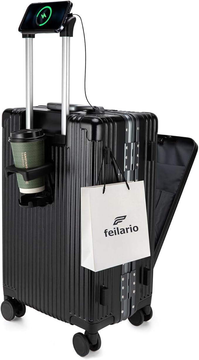 feilario 24in Aluminium Frame PC Hard Shell Spinner Wheels Luggage, Built-In TSA lock Carry on Suitcase, with Cup Holder, USB Port, Phone Holder