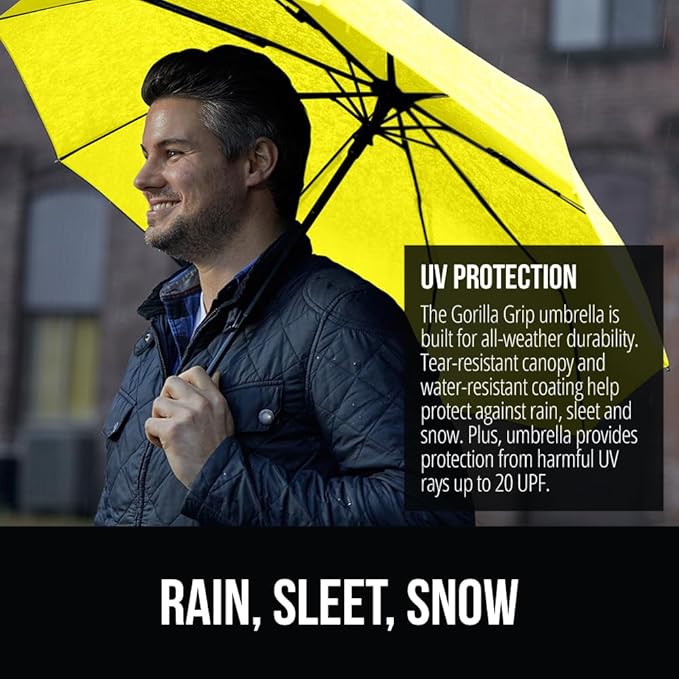 GORILLA GRIP Strong Stick Umbrella for Rain, Compact Travel One-Click Automatic Open Close, Lightweight, Portable, US Designed Reinforced Fiberglass Ribs, Wind Resistant, Easy Collapse, Yellow