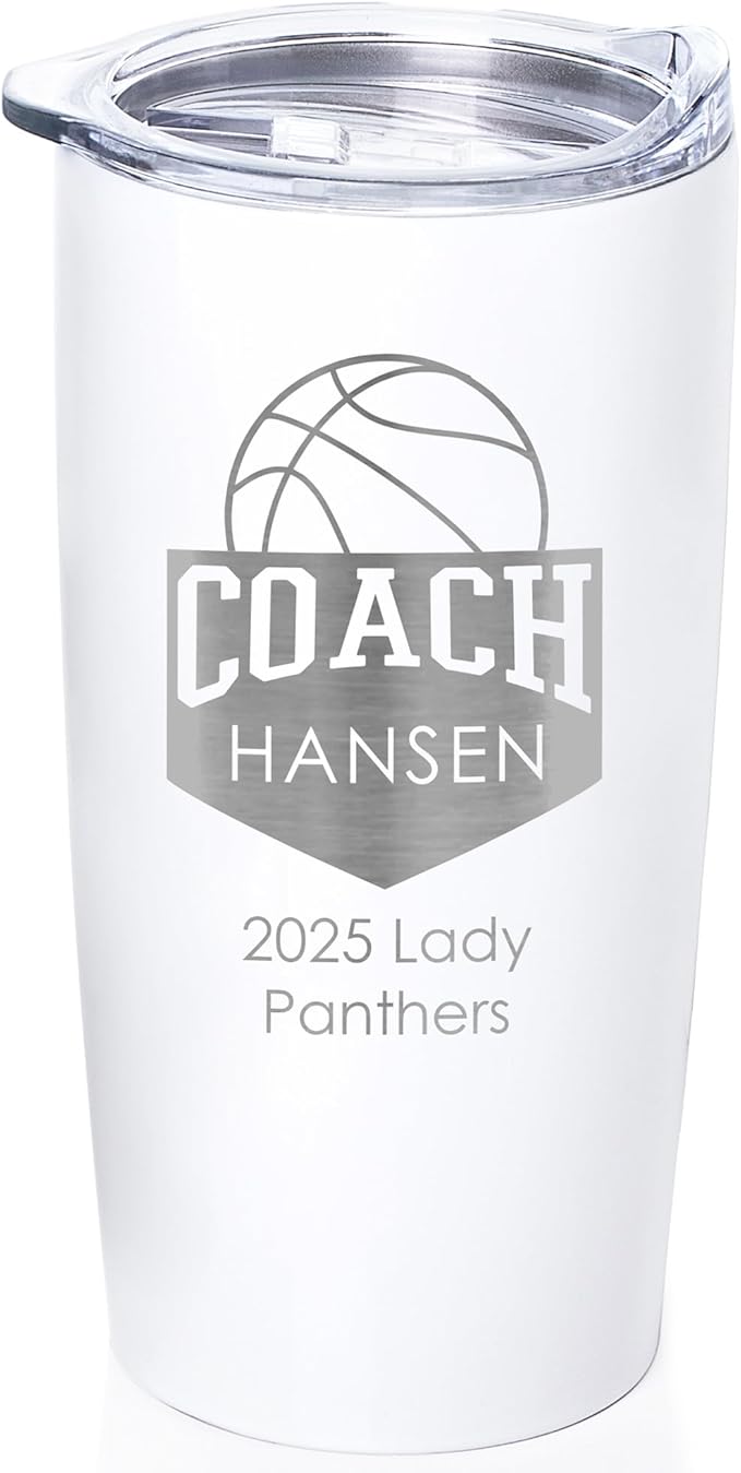 Lifetime Creations Personalized Basketball Coach Tumbler: Custom Basketball Coach Gift, Coaches Coffee Travel Mug from Team, Insulated Engraved Stainless Steel 20 Ounce Cup (White)