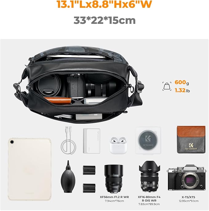 K&F Concept 2 in 1 Sling Bag Everyday Shoulder Bag & Multifunction Photography Crossbody Camera DSLR Backpack Portable Bag