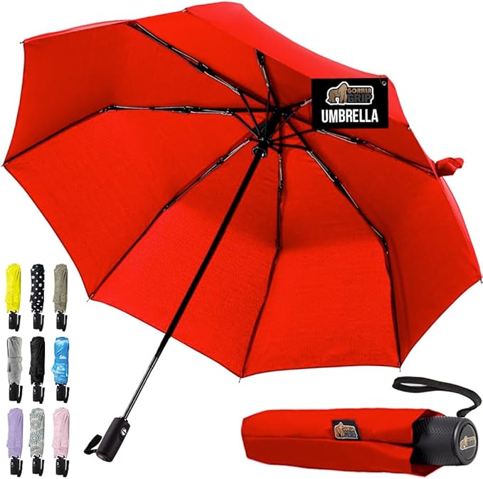 GORILLA GRIP Strong Stick Umbrella for Rain, Compact Travel One-Click Automatic Open Close, Lightweight, Portable, US Designed Reinforced Fiberglass Ribs, Wind Resistant, Easy Collapse, Red