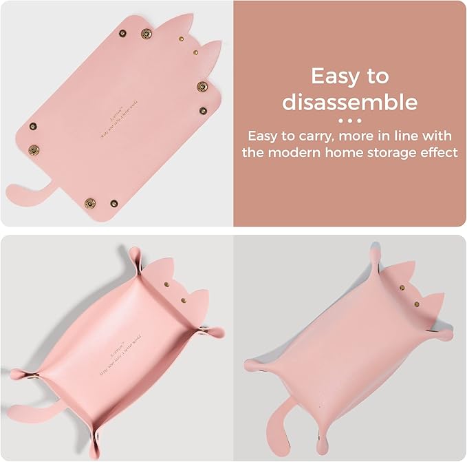 Cute Cat Shaped Leather Valet Tray,Cat Dice Tray,Premium Catchall Jewelry Tray, Folding Portable Travel Organizer,Decorative Desk Organizer for RPG Game Players, (Pink)