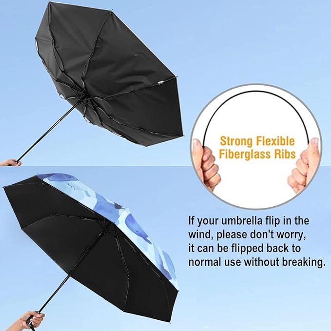 Cuby UV Sun Umbrella Compact Folding Travel Umbrella Auto Open and Close for Windproof, Rainproof & 99.9% UV Protection Parasol with Black Anti-UV Coating (Blue Whale)