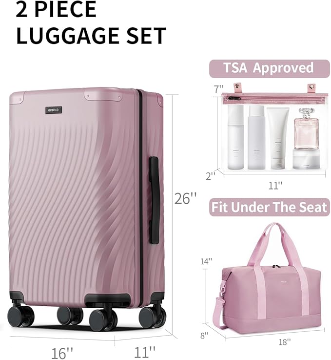 ECOHUB Hardside Expandable Carry On Luggage, Recycled PC 24" Rolling Luggage 26x16x11 Airline Approved with Spinner Wheels & TSA Lock, Lightweight Hardshell Travel Suitcase, 24inch Carry-on Pink