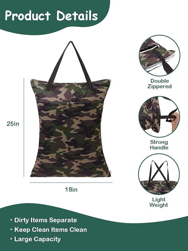 ALVABABY Large Wet Dry Bag Waterproof Hanging Cloth Diaper with Double Zippered Pockets 25x18 inches Laundry Bag HL-LW28, Camouflage