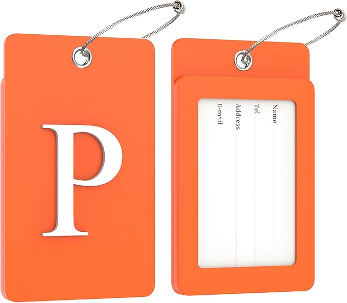 Gostwo 2 Pack Luggage Tags for Suitcases, 26 Initial Letter Travel Luggage Baggage Identification Labels ID Tag Fully Bendable Tags with Stainless Steel Loop (Orange) (Letter P)