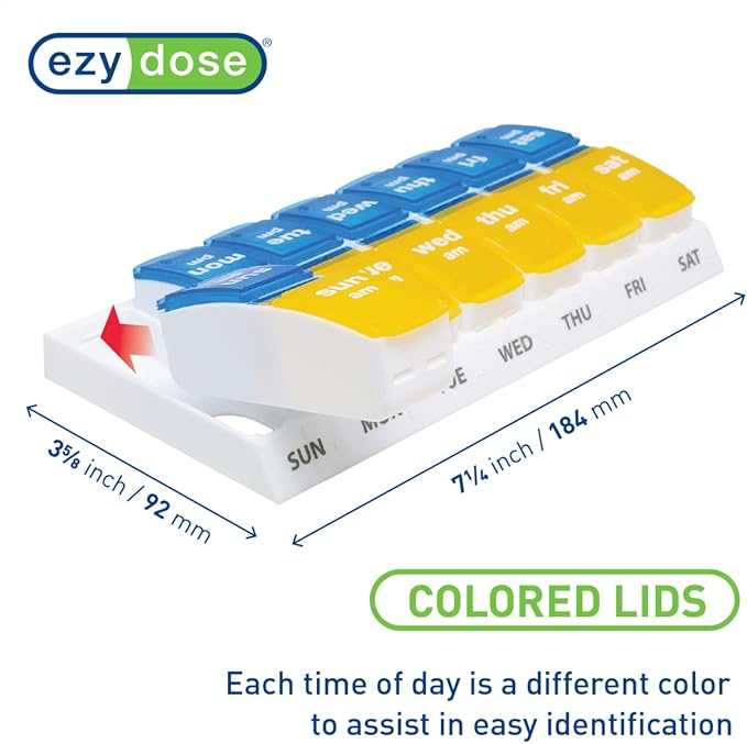 EZY DOSE Weekly AM/PM Pill Organizer, 7-Day Vitamin and Medication Box with Large Pop-Out Compartments, 2 Times a Day Pill Holder for Easy Dosing, Yellow and Blue Lids, Travel-Friendly Design