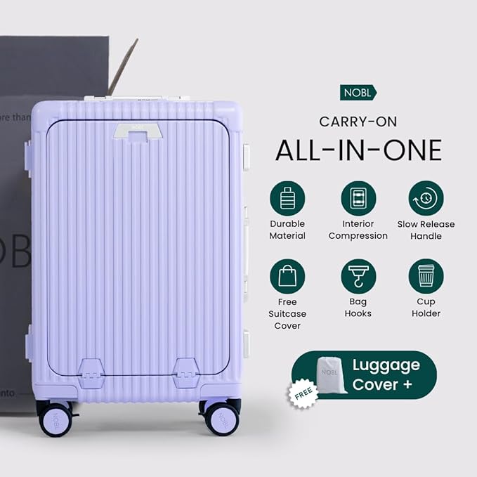 Nobl Travel Carry On Luggage, Noble Zipperless Aluminum Frame PC Hard Shell Suitcase, 20.8"x15"x8.7" Airline Approved, 360° Spinner Wheels, TSA Locks, USB Charging Port, Cup & Phone Holder - Lavender