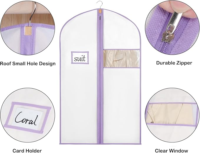 Syeeiex 40" Suit Bag(Set of 8), Garment Bags for Hanging Clothes, Suit Bags for Closet Storage, Garment Bags for Suits, T-shirts, Jackets, Coats, Business Wear(White & Purple)