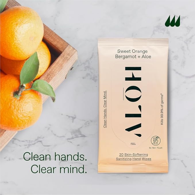 ALŌH Sweet Orange Bergamot + Aloe Sanitizing Hand Wipes - Clean Hands, Clear Mind - On The Go Hand Sanitizer Wipes for Kids and Adults - Travel Size (6 Pack, 20ct Wipes)