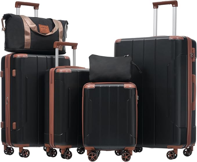 Merax Luggage Set 6 Piece Expandable Lightweight ABS Hardshell Suitcases with Wheels, Corner Guards (Black Brown, 6 piece set)