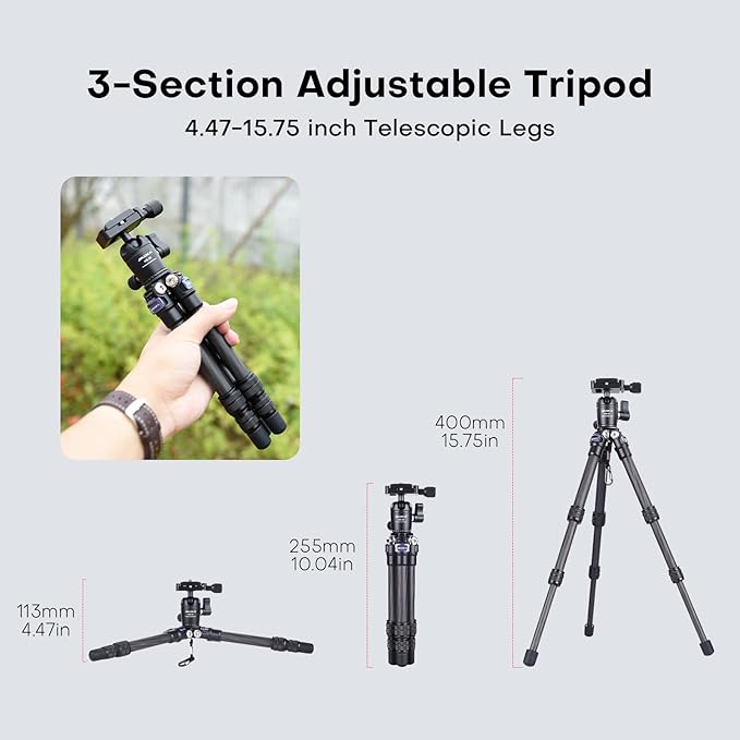 AOKA 15.75in/0.99lb Mini Carbon Fiber Tripod, Compact Pocket Travel Tabletop Tripod Stand for Phone, SLR, Digital Camera,Projector, Webcam, with Metal Phone Mount & Extended Center Shaft Rod