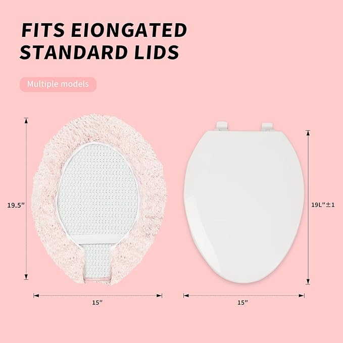Microfiber Elongated Toilet Seat Cover 19.5"x 15" Machine Washable Solid Toilet Lid Cover Adjustable Rubber Backing Fits Most 18-19.5" L x 14-16" W Elongated Toilet Seat
