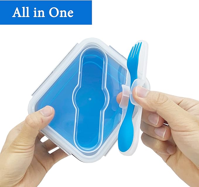 Small Silicone Collapsible Snacks Container with lid and 2 in 1 Spoon & Fork, Food Grade Silicone Bento Lunch Container, For Leftovers Meal Prep, Microwave/Freezer/Dishwasher Safe, 700ml