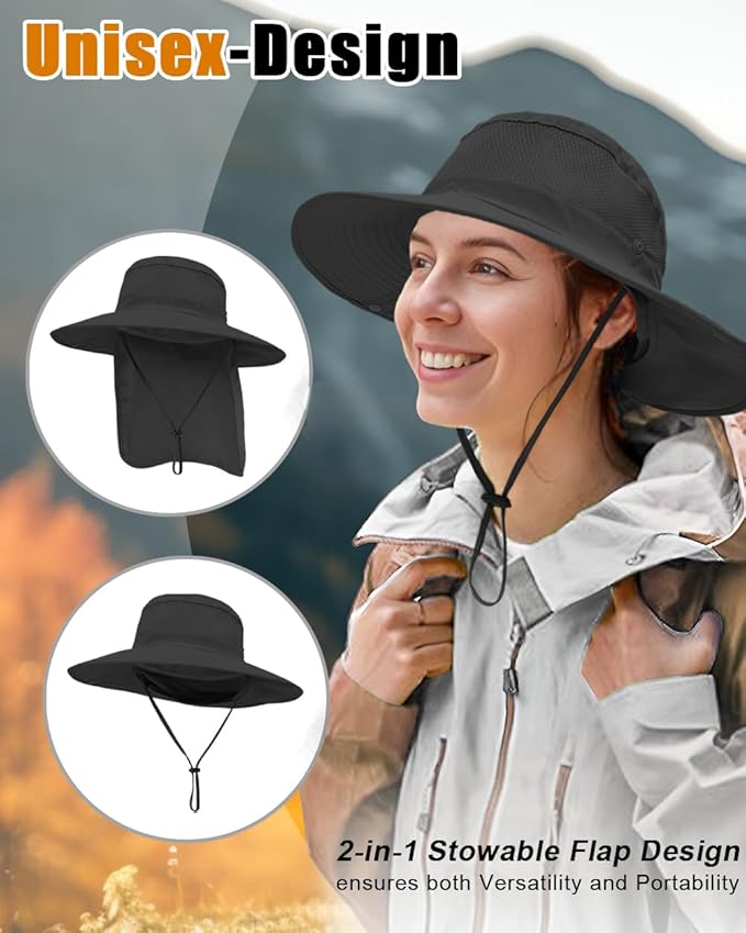 Outdoor Sun Hats with Stowable Neck Flap for Men Women UPF 50+ Mesh Summer Bucket Hat Wide Brim for Fishing Safari Hiking
