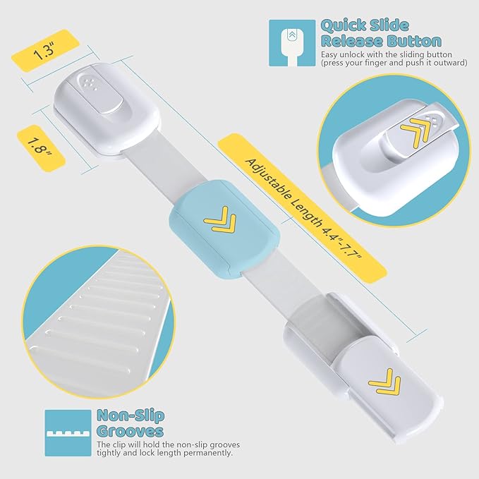 4our Kiddies 10 Pack Baby Proof Cabinet Latches, Childproof Drawer Latches with 6 Extra 3M Adhesives, Adjustable Child Safety Cabinet Strap Locks, Baby Drawer Locks for Kids and Child Safety