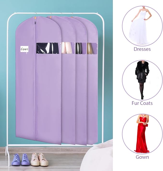 Syeeiex 60'' Garment Bags for Hanging Clothes, Set of 8 Dress Bags for Gowns, Garment Bags for Closet Storage for Gowns, Evening Dresses, Fur Coat, Long Dress(Purple)