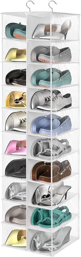 coastal rose Hanging Shoe Organizer for Closet, 20 Sections Hanging Closet Organizers and Storage Shelves, Space Saving Shoe Storage Rack Holder, Transparent White, 12''W×12''Dx 50''H