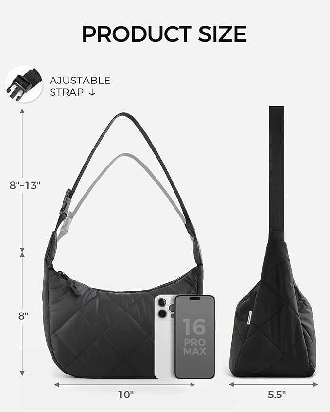 Insulated Lunch Bag for Women, Quilted Reusable Lunch Box with Adjustable Strap, Waterproof Cute Puffy Bento Tote, Stylish Cooler Bag for Work, Picnic or Travel, Black