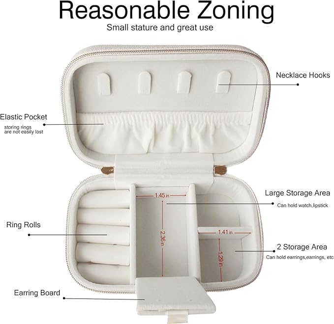 Small Jewelry Travel Case For Womens Small Rectangle PU Leather Jewelry Box With Zipper 2.56" H Portable Travel Jewelry Case For Big Earring Rings Necklaces Bracelets White Jewelry Gifts Box